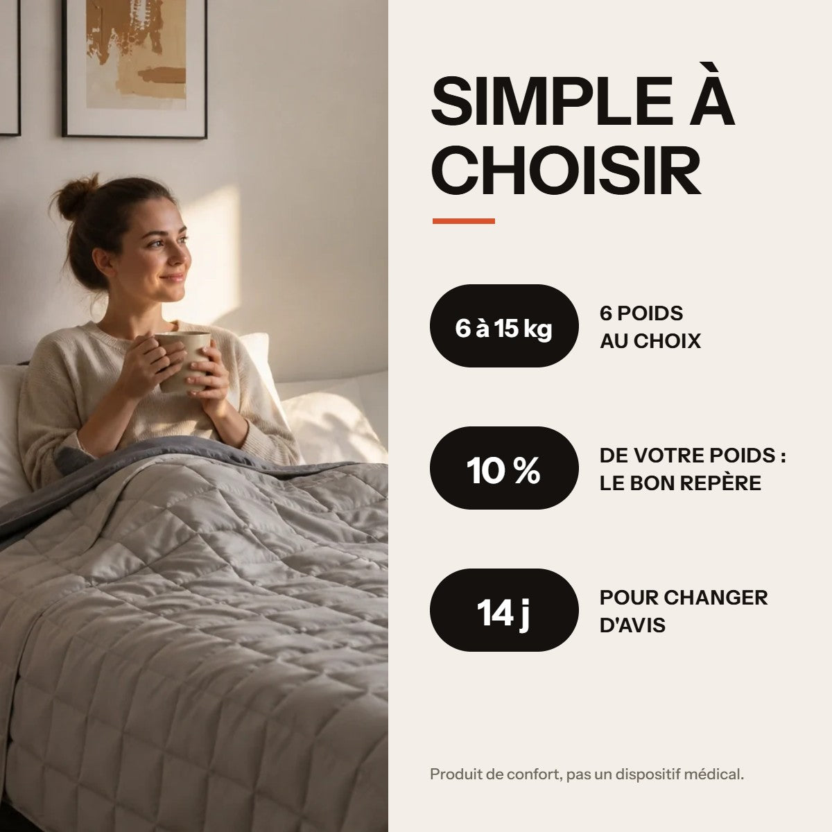 Choisir sa couverture lestée Lonavi : 6 poids, environ 10 % de votre poids, 14 jours pour changer d'avis