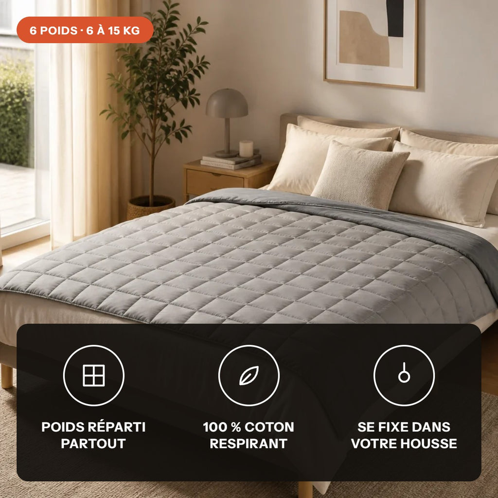 Couverture lestée Lonavi Étreinte sur un lit : poids réparti, 100 % coton, se fixe dans votre housse
