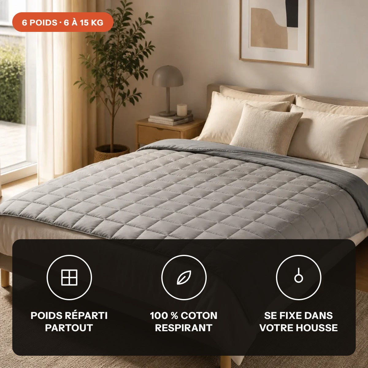 Couverture lestée Lonavi Étreinte sur un lit : poids réparti, 100 % coton, se fixe dans votre housse