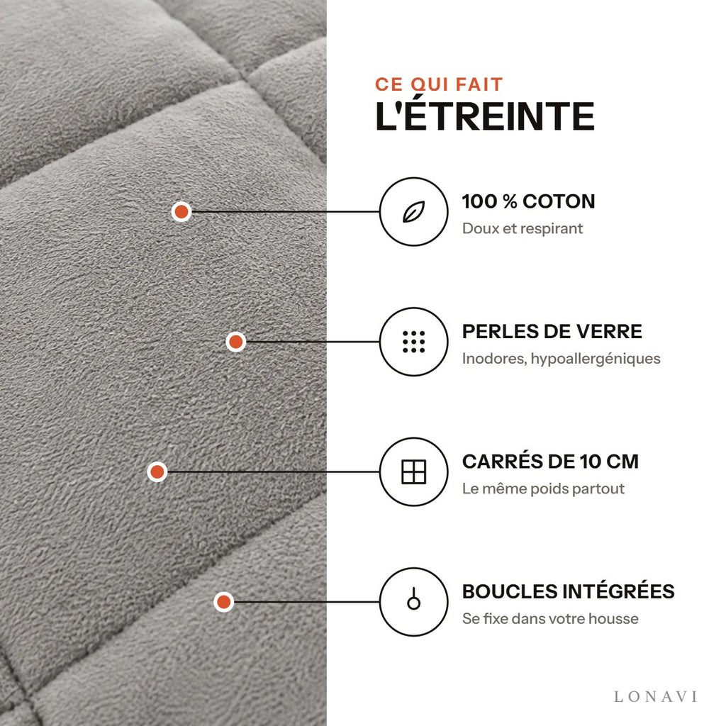 Couverture lestée Lonavi Étreinte : 100 % coton, perles de verre, carrés de 10 cm, boucles intégrées