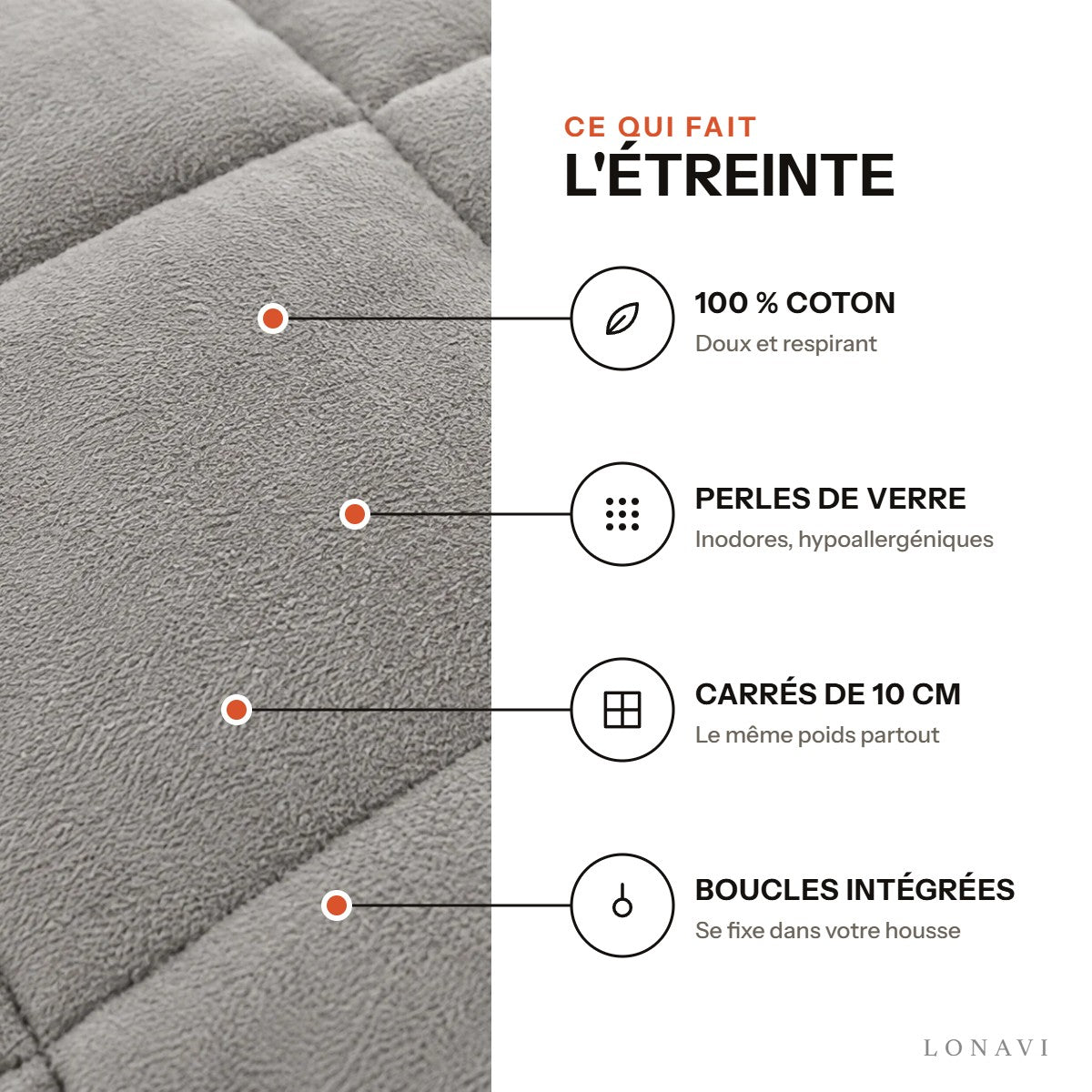 Couverture lestée Lonavi Étreinte : 100 % coton, perles de verre, carrés de 10 cm, boucles intégrées