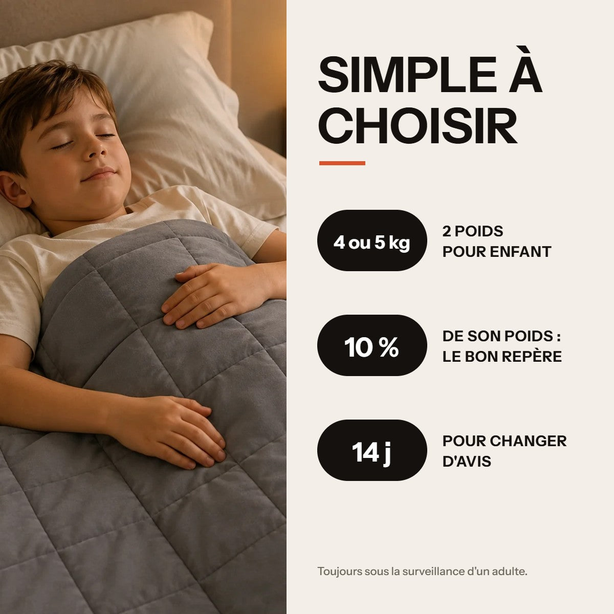 Choisir la Petite Étreinte : 4 ou 5 kg, environ 10 % du poids de l'enfant, 14 jours pour changer d'avis