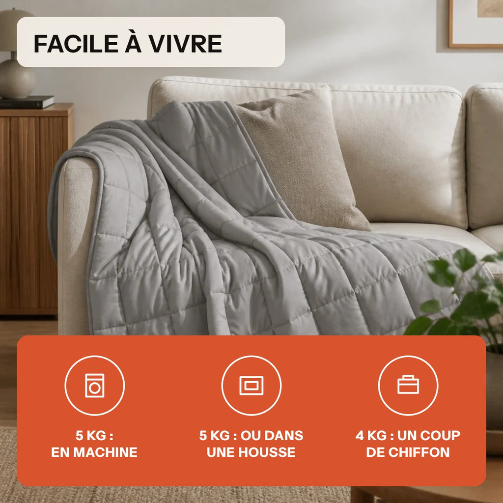 Entretien de la Petite Étreinte : 5 kg en machine ou dans une housse, 4 kg au chiffon