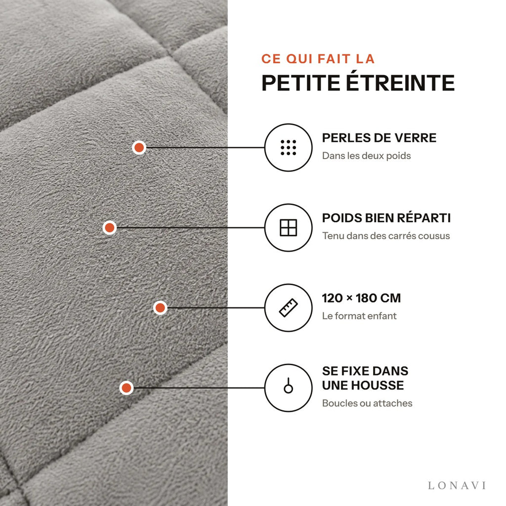 Ce qui fait la Petite Étreinte : perles de verre, poids réparti, 120 × 180 cm, se fixe dans une housse