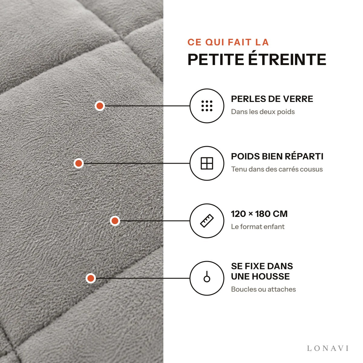 Ce qui fait la Petite Étreinte : perles de verre, poids réparti, 120 × 180 cm, se fixe dans une housse
